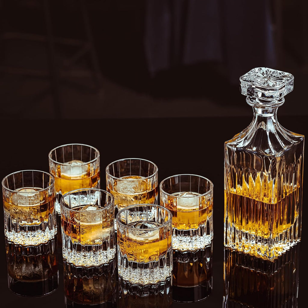 13-Piece Whiskey Decanter Gift Set for Men, 27oz Lead-Free Liquor Decanter with 6 x 7.5oz Heavy Base Glasses & 6 Ice - Set of 13