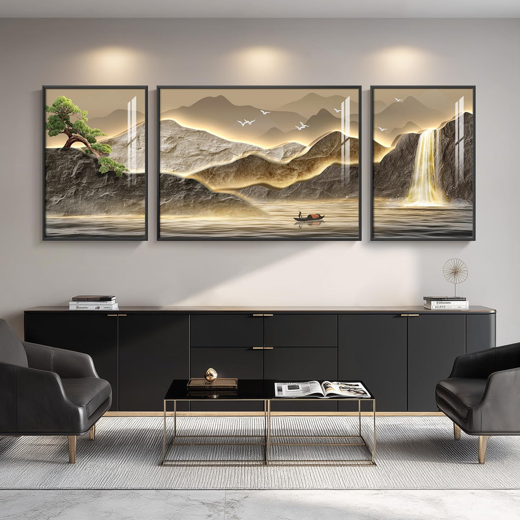 Large Framed Modern Gold Luxury Mountain Wall Art, 3 Piece