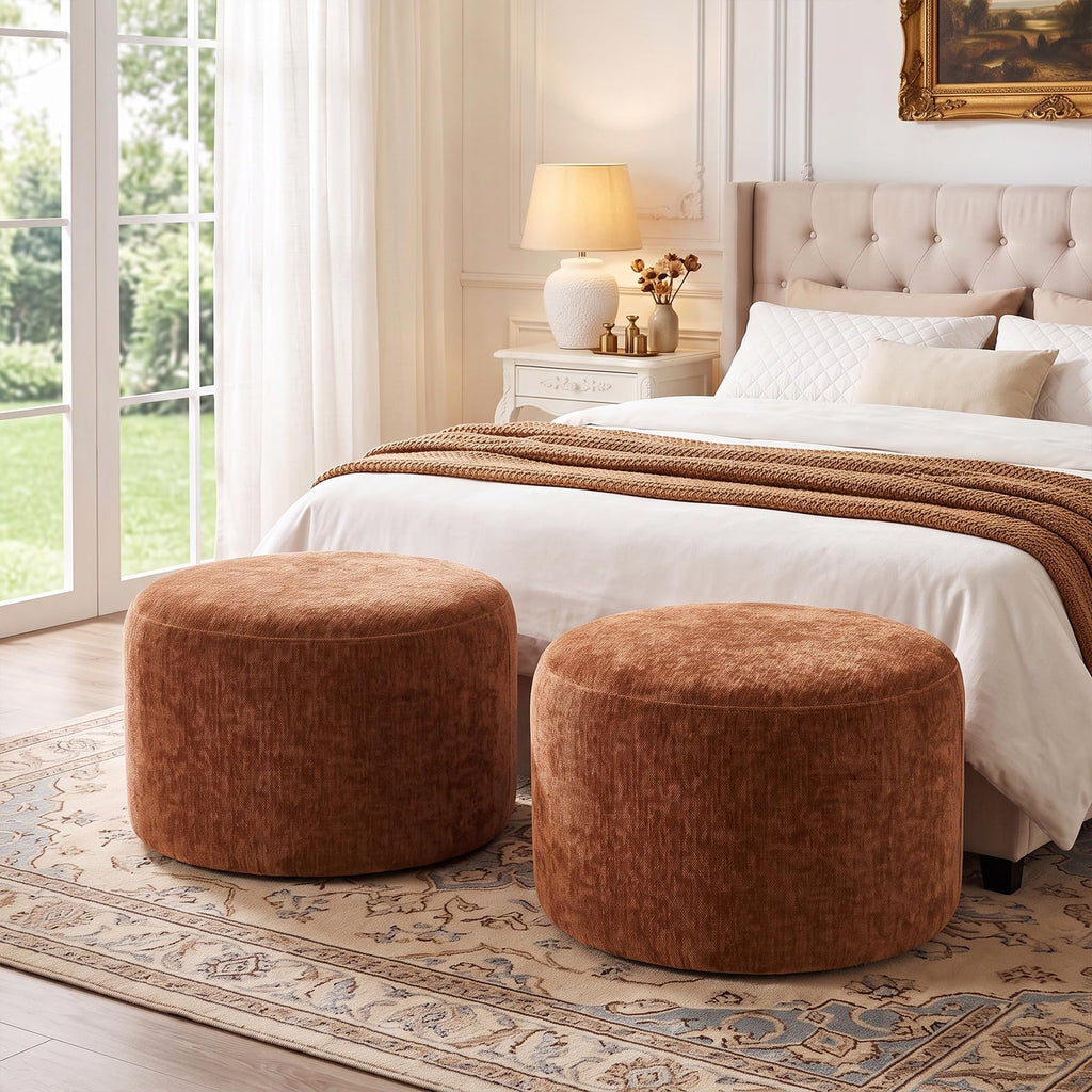 Upholstered Round Pouf Ottoman Set of 2, Orange-Brown Footstools