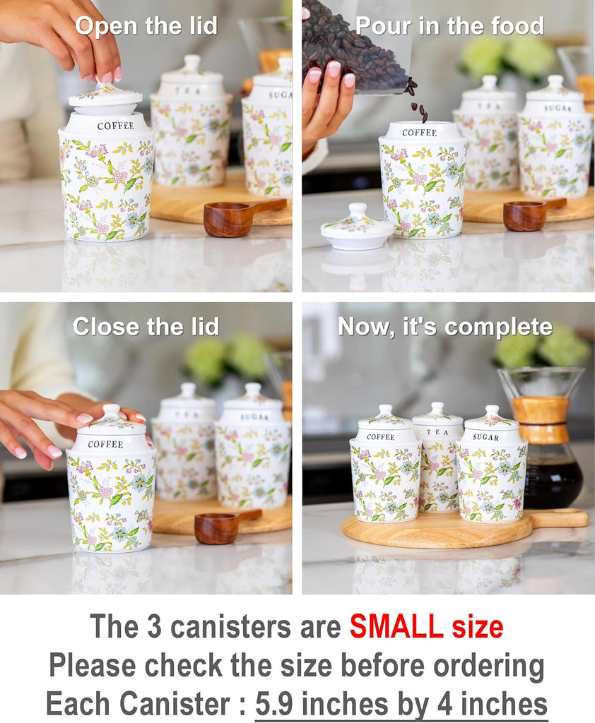 Small Coffee Tea Sugar Canister Set with Airtight Lids - Elegant Flower Kitchen Canisters Pantry Jars - Set of 3