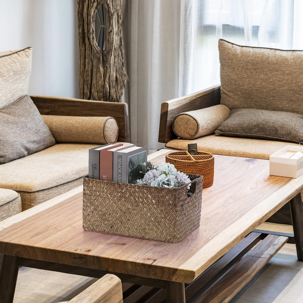 Seagrass Storage Basket for Shelf Organizing, Opened Baskets Bin Handwoven Wicker Baskets Rectangular Decorative