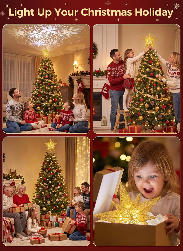 Star Tree Topper with Projector Lights - Double Star Style - Gold