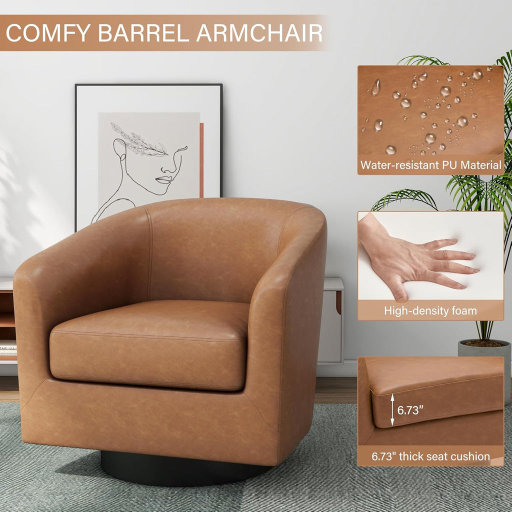 Faux Leather 360° Swivel Barrel Accent Chair Brown - Set of 2