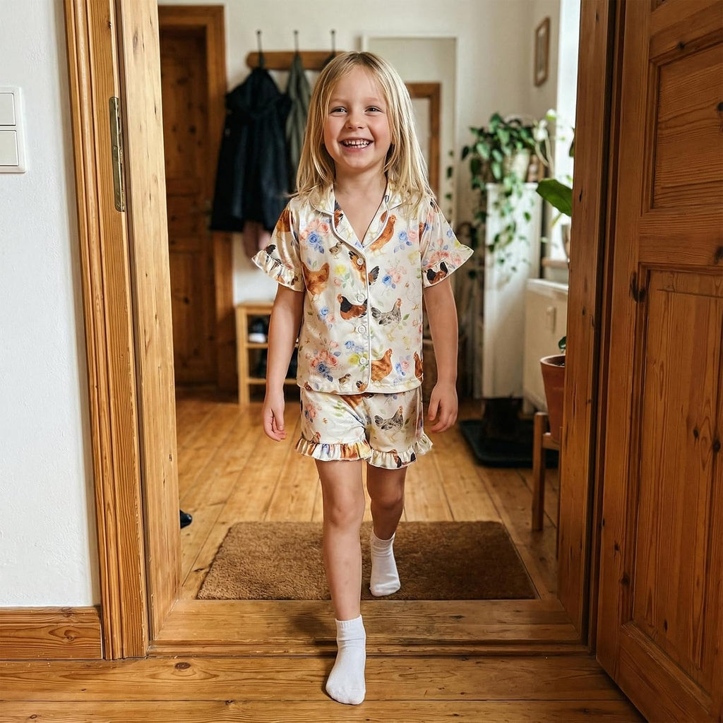 Toddler Girls Birthday Pajamas Goose Print Tops Shorts Set Silk Sleepwear