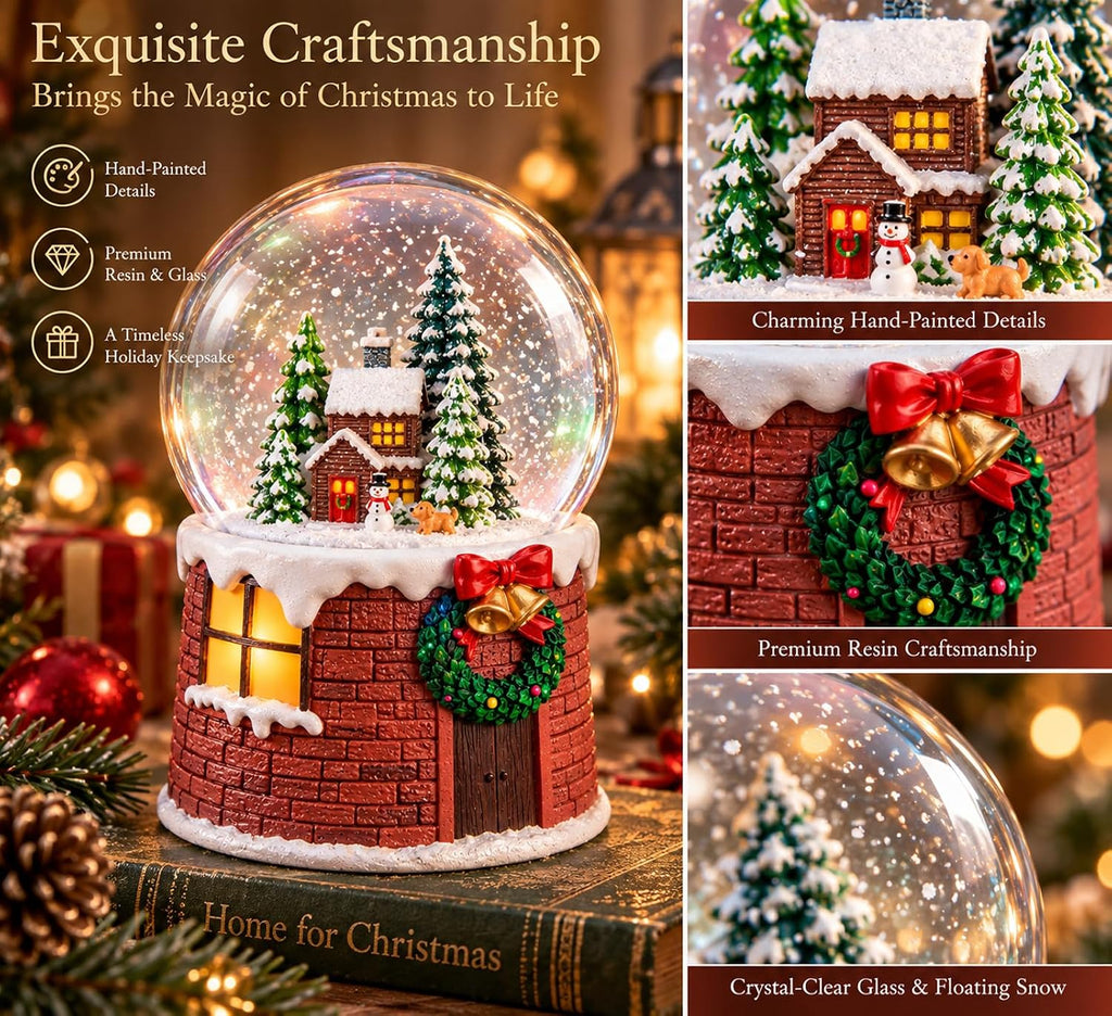 Christmas Snow Globe Music Box with Light, Falling Snow and Silent Night, Christmas Village Cottage Musical Snow