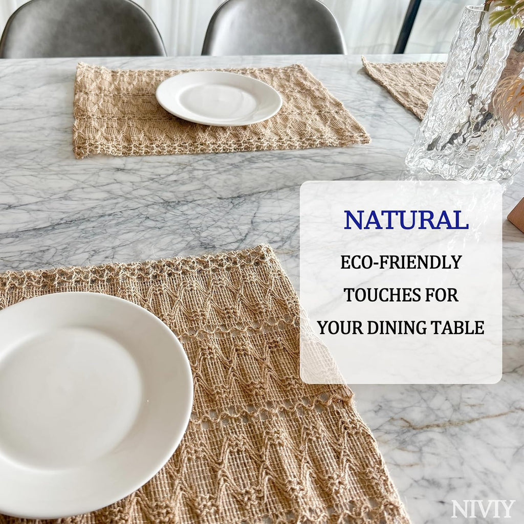 Burlap Placemats, 12x18 Inch Natural Cotton Jute and Kitchen Woven Placemats with Tassels for Dining Table - Set of 6