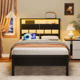 Twin Bed Frames with Charging Station and LED Lights, Twin Platform Bed with Metal Slats