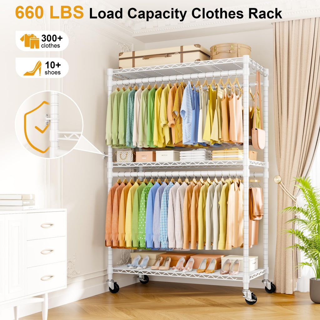 Rolling Clothes Rack, Clothing Racks for Hanging Clothes, White