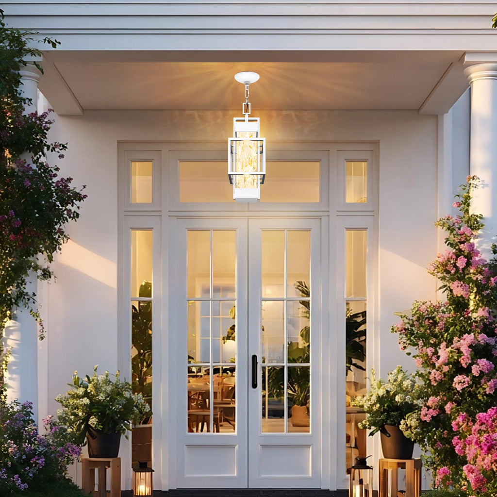 15'' White Outdoor Indoor Pendant Celing Light Fixture, Modern Exterior Hanging Chandelier Porch Lights, Aluminum