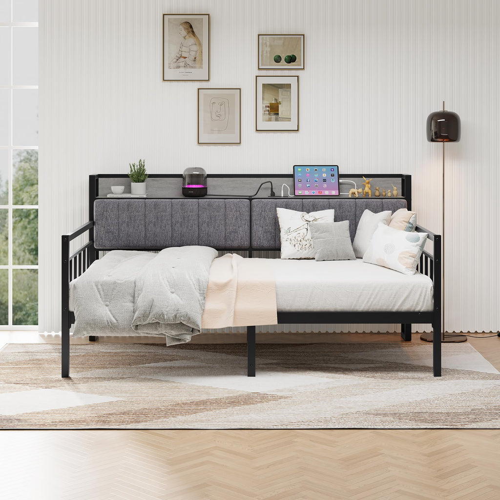 Metal Daybed Frame Twin Size with Charging Station, Metal Twin Bed Frame with Upholstered Headboard with Strong Steel