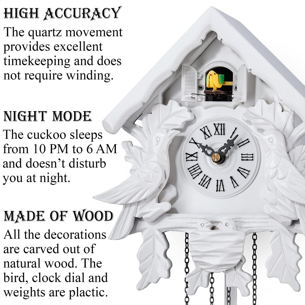 Cuckoo Clock with Night Mode, Wooden Decorations and Swinging Pendulum (White)