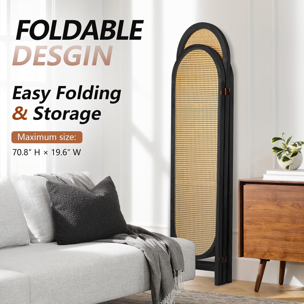 3 Panel Rattan Room Divider Screen, Boho Folding Privacy Screen