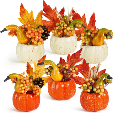 Set of 6 Artificial Pumpkins Decorations, Decorative Orange Pumpkin with Maple Berry Acorn Pine Cone Vegetables for