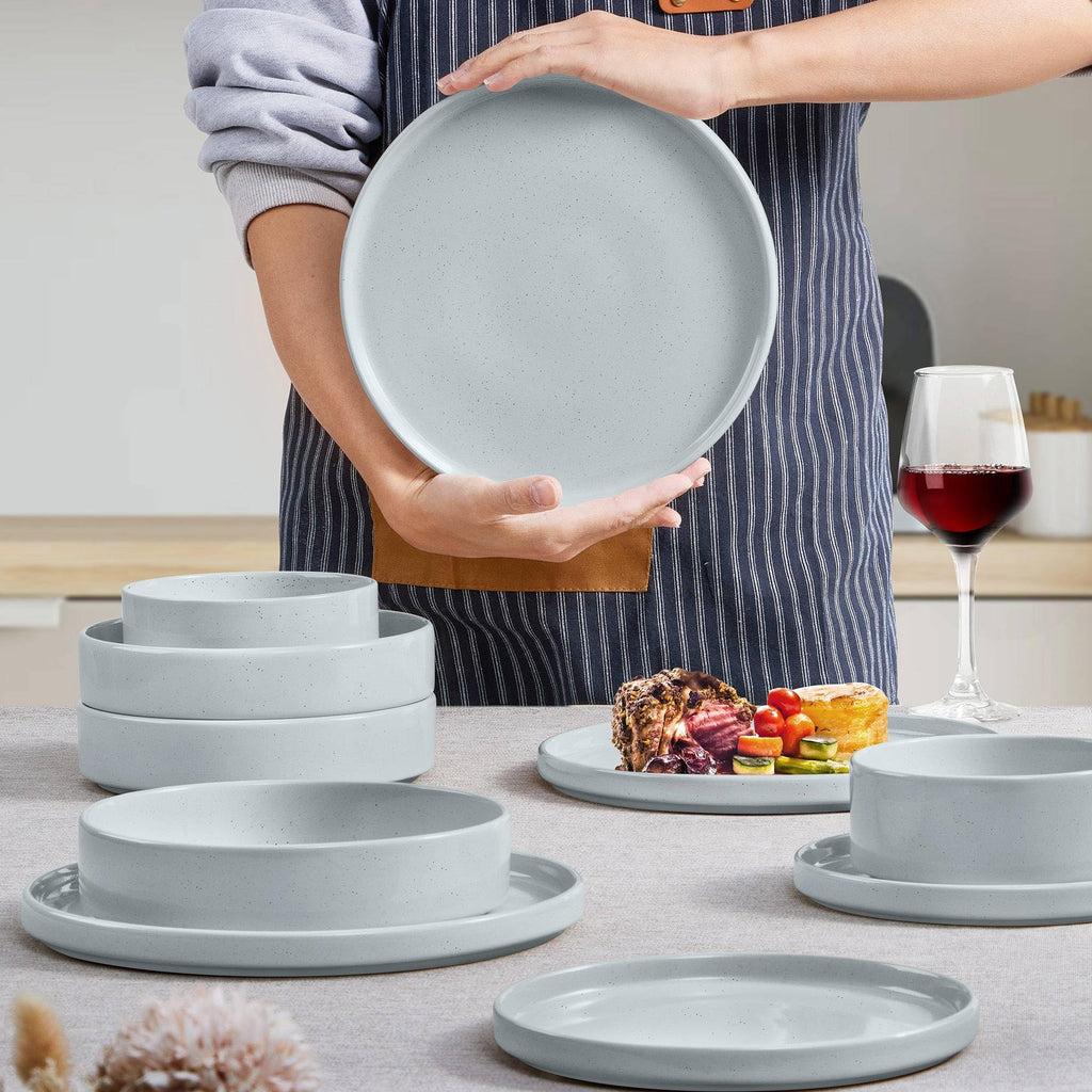 Stoneware Dinnerware Set with Salad Bowls, 8 Piece Plates and Pasta Cereal Bowls for 2, Kitchen Dinner Dish Set