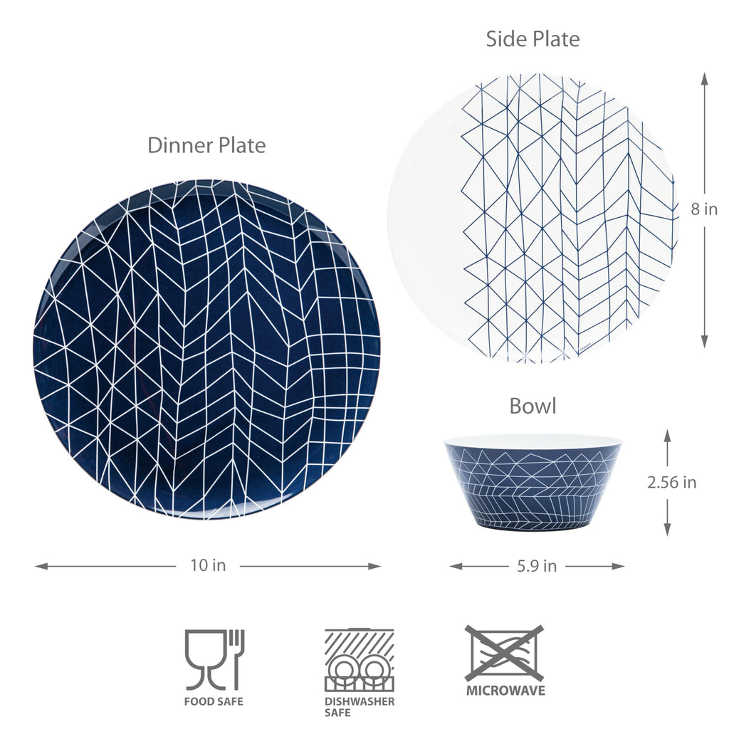 Melamine Dinnerware12 Piece Outdoor Indoor Set, Spidy Blue BPA Free