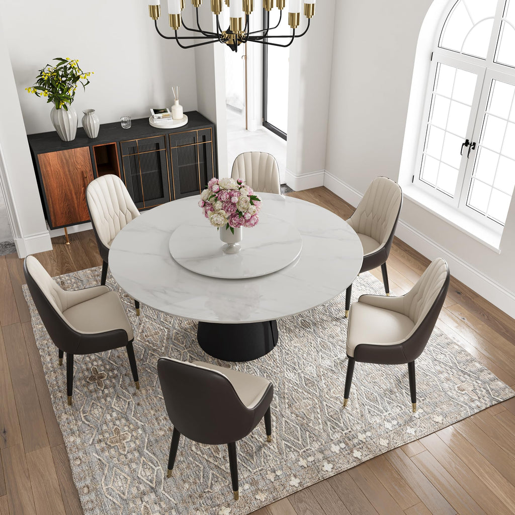 Round Dining Table for 6 with Lazy Susan, Modern 59" Marble Round Dining Room Table, Matte White Sintered Stone