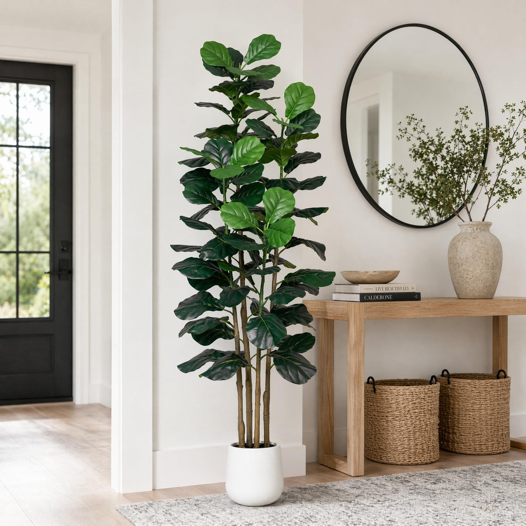 6FT Faux Fiddle Leaf Fig Tree with White Planter Pot, Fake Tree with 4 Trunks, Faux Floor Plant, Indoor and Outdoor