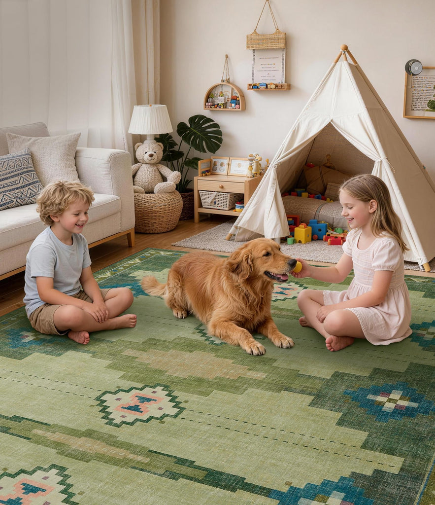 Washable Green Mid Century Modern Runner Rug