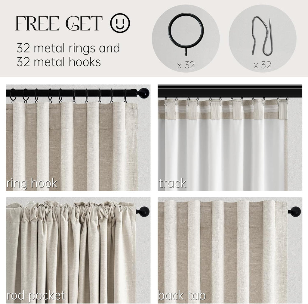 Linen Blackout Curtains 96 Inch Long, Boho Farmhouse Ivory Birch Viral Drapes Pinch Pleated Curtains with Hooks