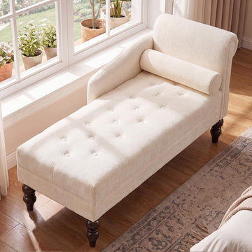 Chaise Lounge Chair Indoor with Right Armrest, Chenille, Beige