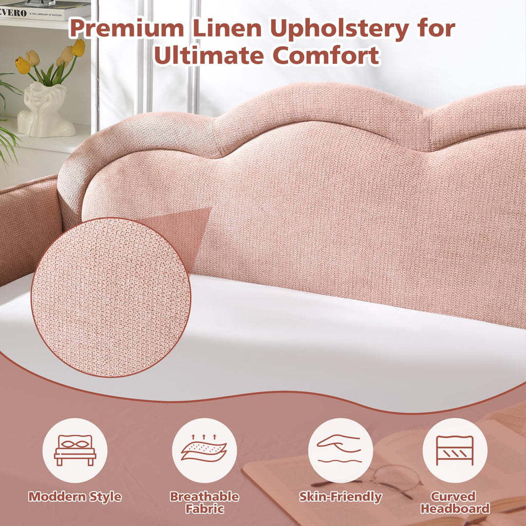Twin Size Upholstered Daybed with Cloud-Shaped Backrest, Modern Linen Sofa Bed with Metal Legs, Wood Slat Support