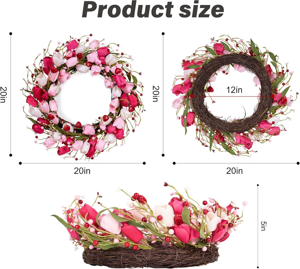 Valentines Day Decorations 20 Inch Valentine's Day Wreath Pink Valentine Wreaths for Front Door with Red Love Heart