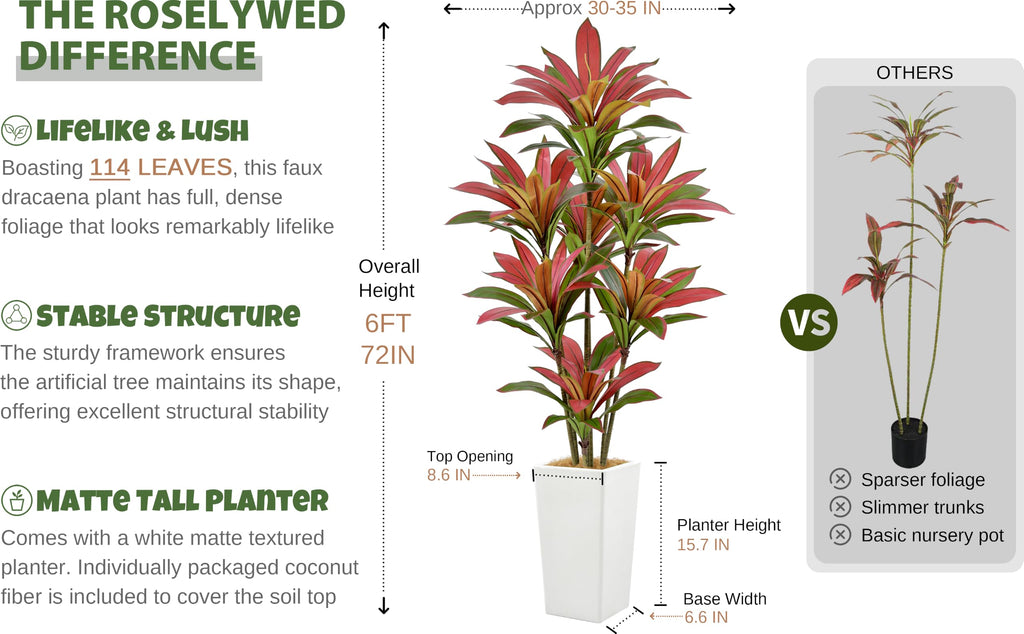 Artificial Red Dracaena Tree 6FT 114 Leaves & White Tall Planter