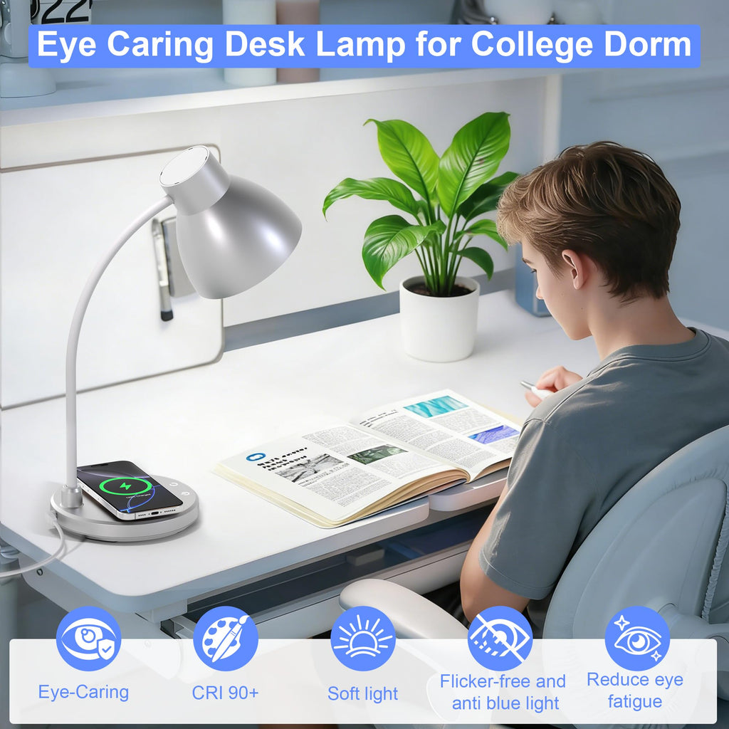 LED Desk Lamp with Wireless Charger, Silver