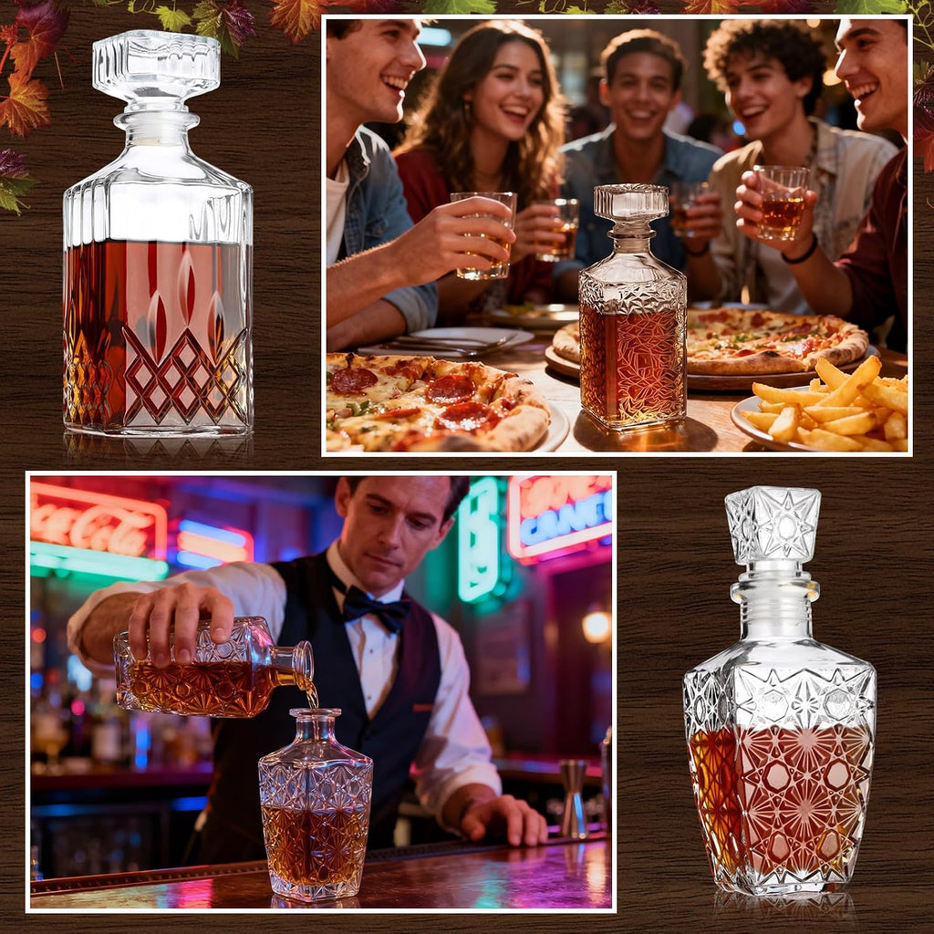 Whiskey Decanter for Men Liquor Decanters Glass Alcohol Bottle with Glass Stopper for Vodka Tequila Brandy - Set of 4