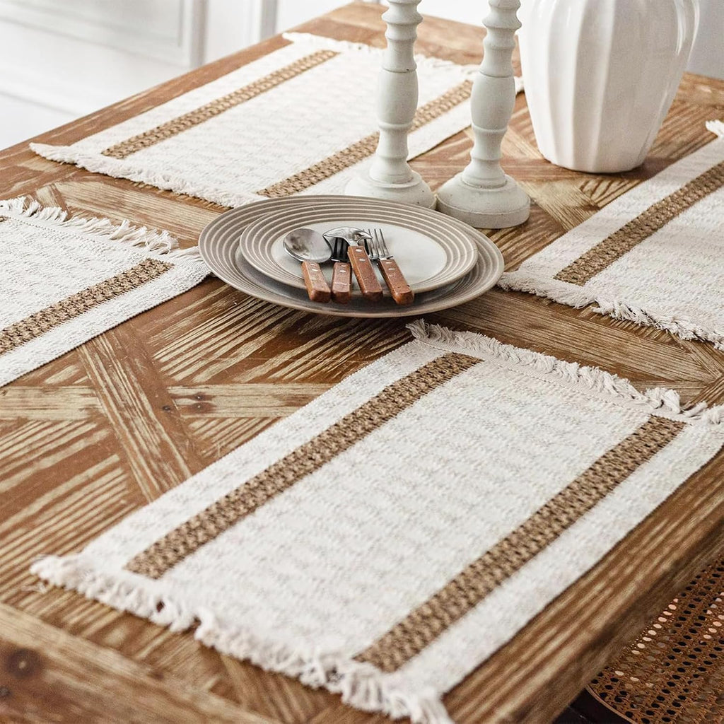 Boho Placemats, 12x18 Inch Natural Cotton Burlap and Kitchen Woven Placemats with Tassels for Dining Table - Set of 6
