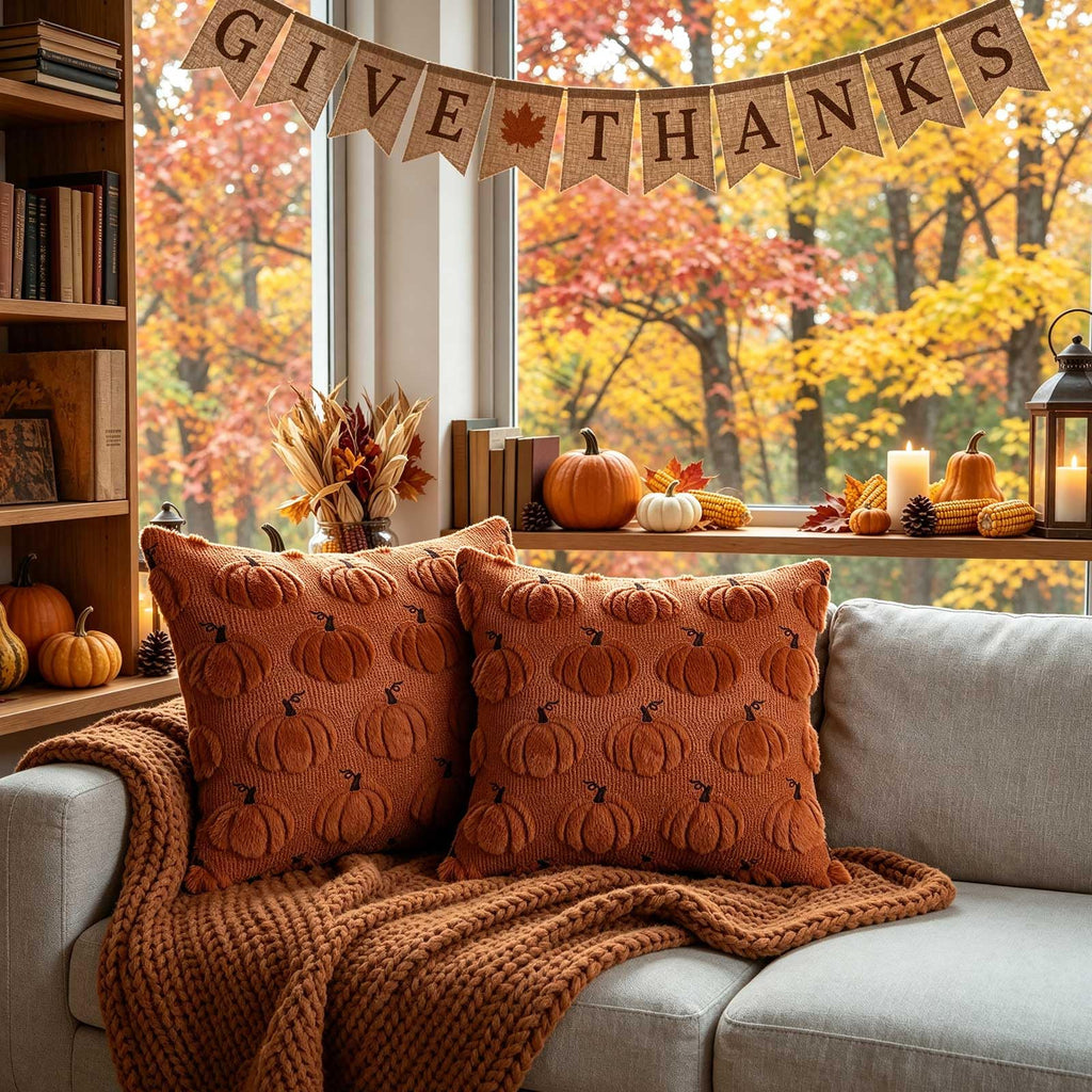 Fall 24x24 Throw Pillow Covers Set of 2, Autumn Pumpkin Throw Pillow Cases Soft Plush Faux Fur Wool 24 x 24 Autumn