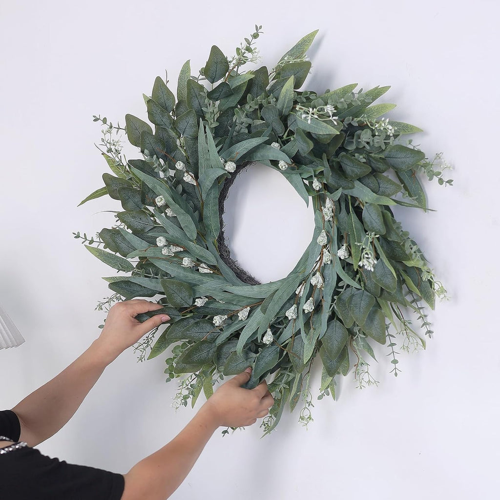 26" Large Artificial Eucalyptus Wreath with Seeds for Front Door(Green)