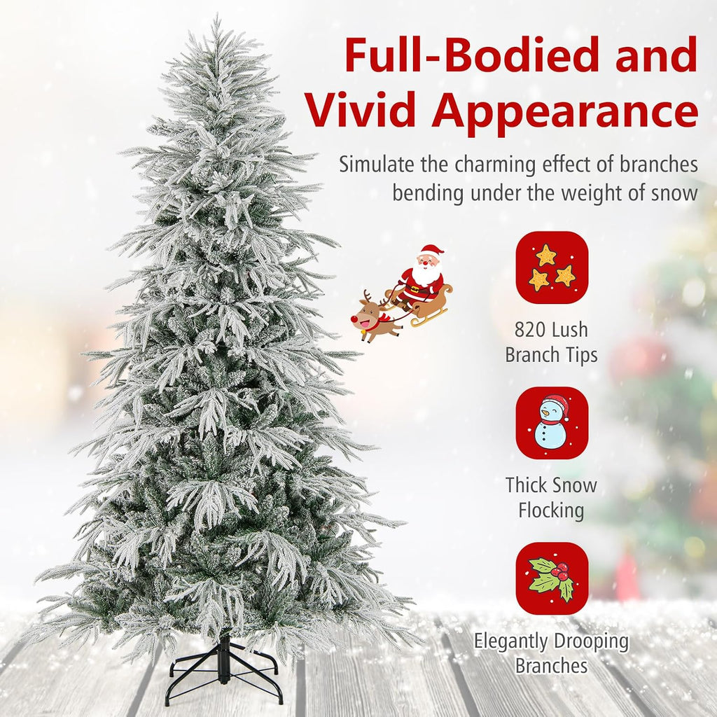 Pre-Lit Snow Flocked Christmas Tree, Artificial Hinged Xmas Tree with 820 PE & PVC Mixed Branch Tips, 340 Warm