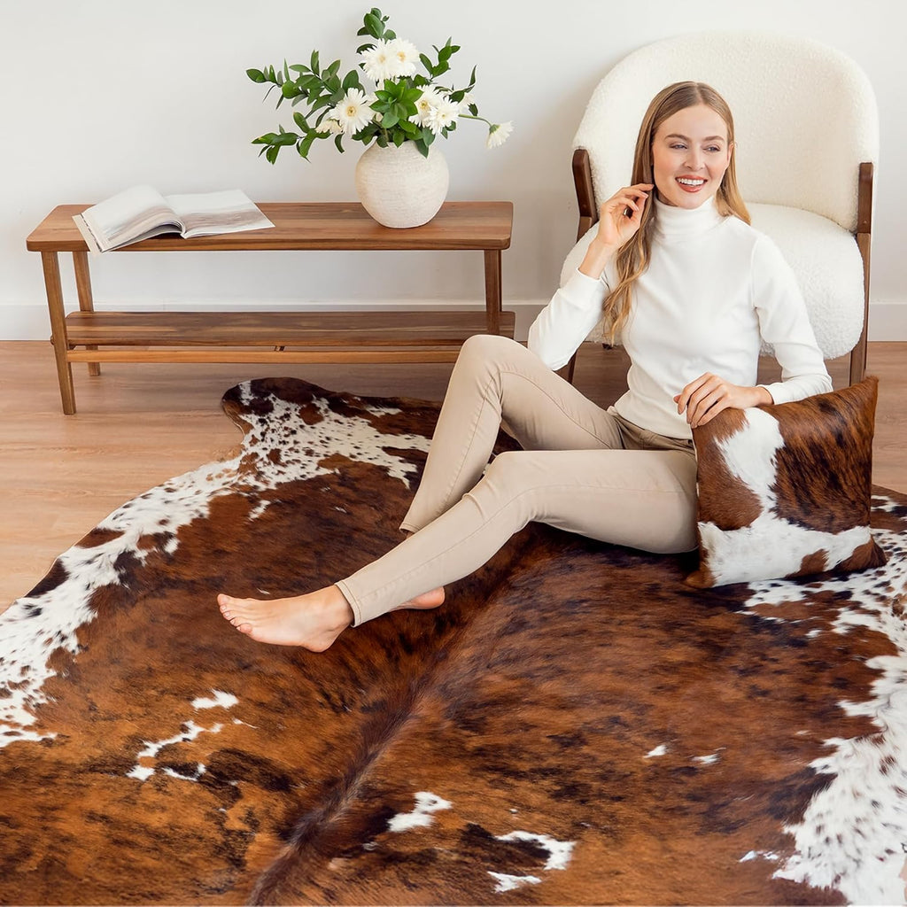 100% Genuine Brazilian Cowhide Rug - Tricolor Brindle Mix - Luxury Cowskin Leather Area Rug Décor 7 x 6 feet