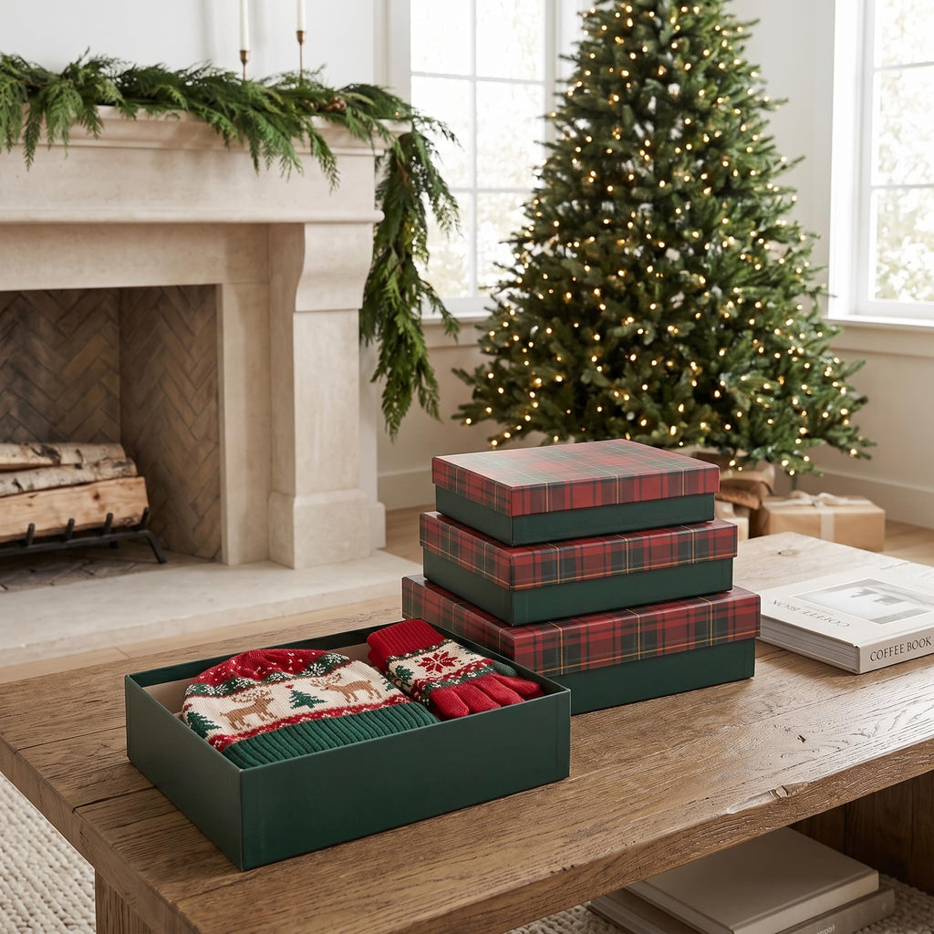 Plaid Christmas Gift Boxes with Lids, Set of 4, Holiday Boxes