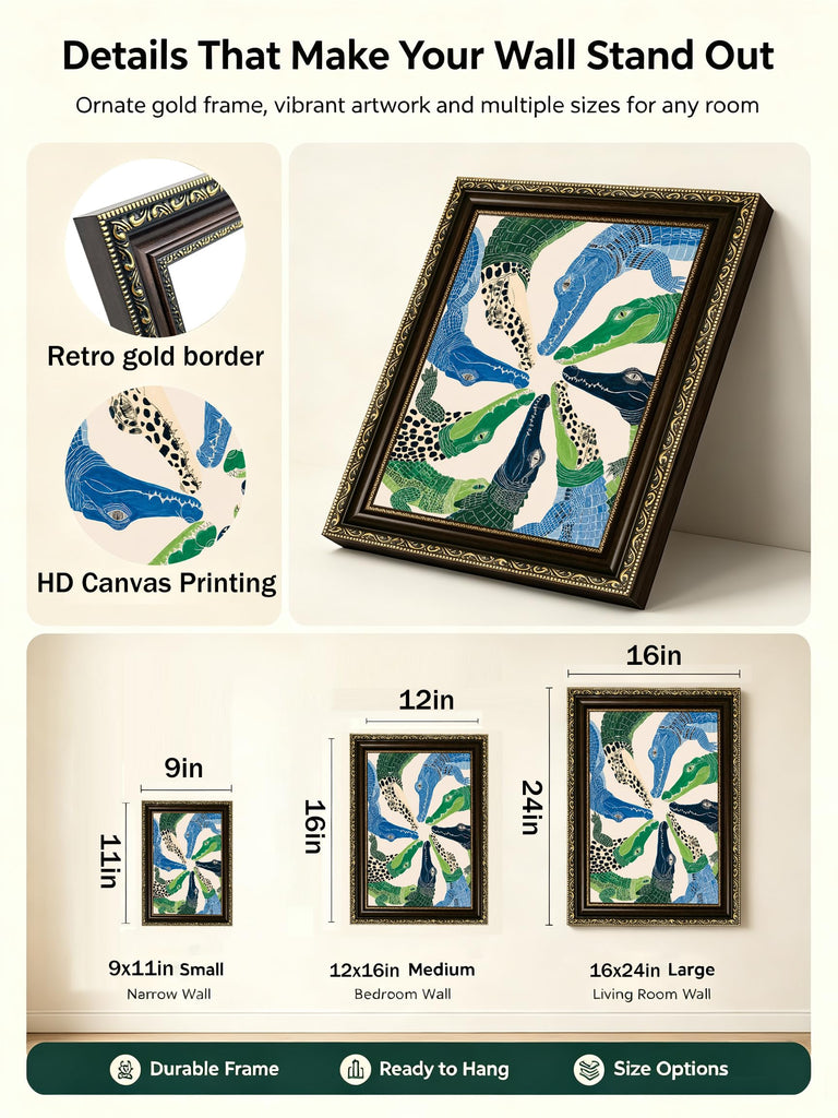 Vintage Gold Framed Animal Wall Art, Crocodile Painting Canvas Printing