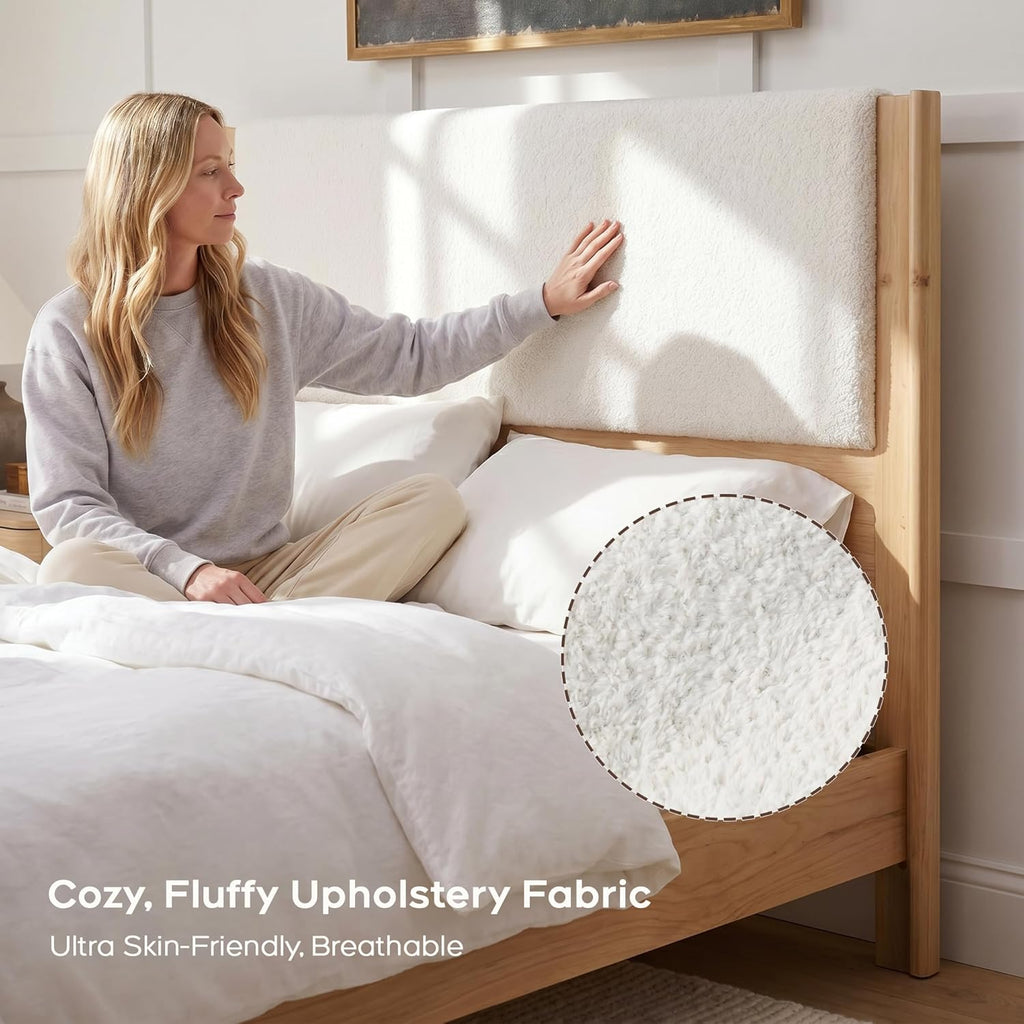 Queen Size Bed Frame with 51" Upholstered Headboard, Solid Wood Wingback