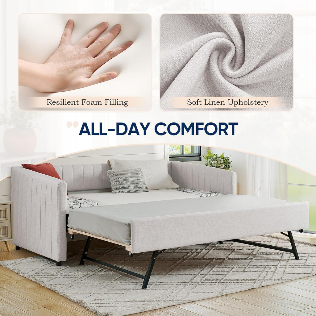 Daybed with Trundle, Modern Linen Full Size Day Bed with Pull Out Trundle Bed, Upholstered Sofa Bed with Stripes
