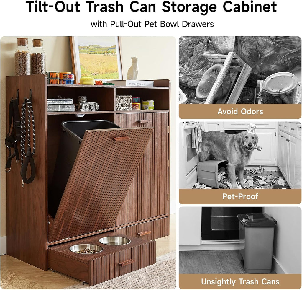 Large Dog Food Storage Cabinet & Dog Feeding Station, Dark Walnut