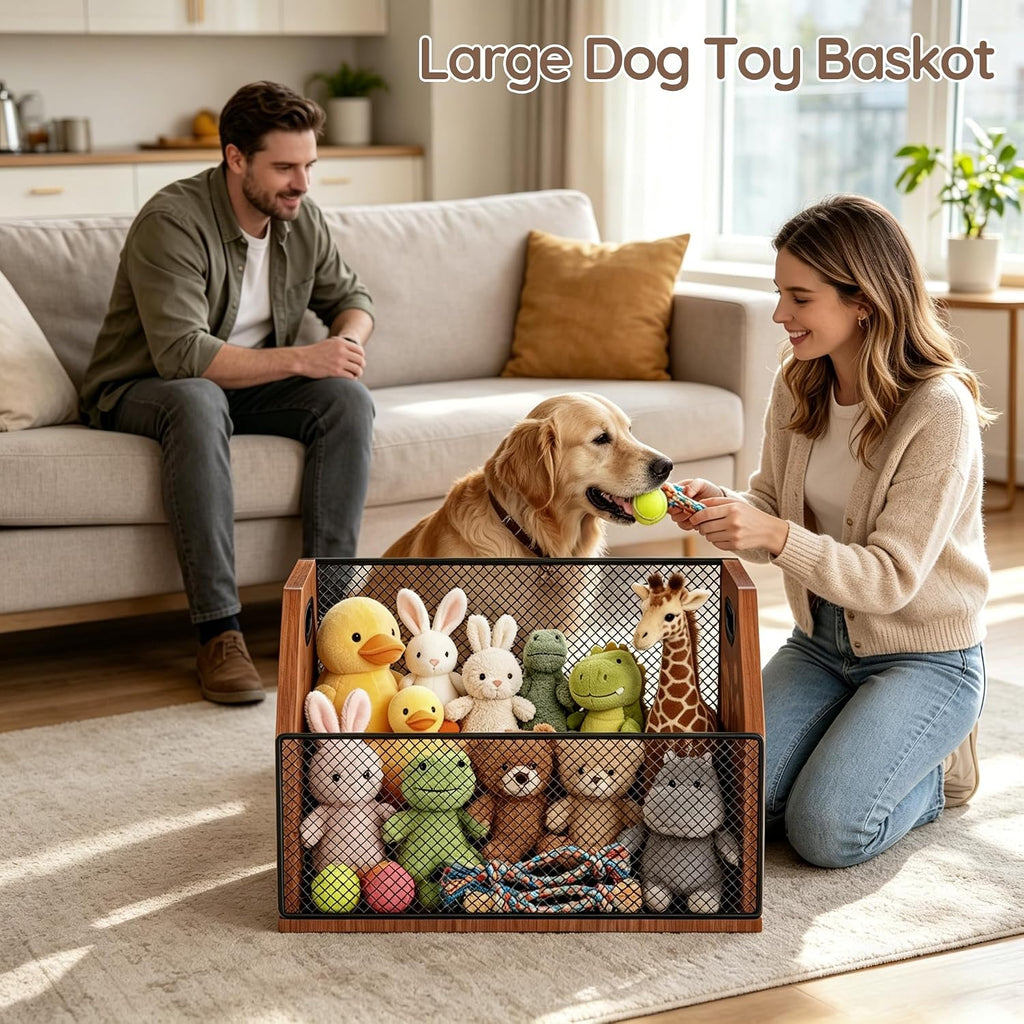 Dog Toy Basket, Chew-Proof Dog Toy Box, Wooden Pet Toy Storage