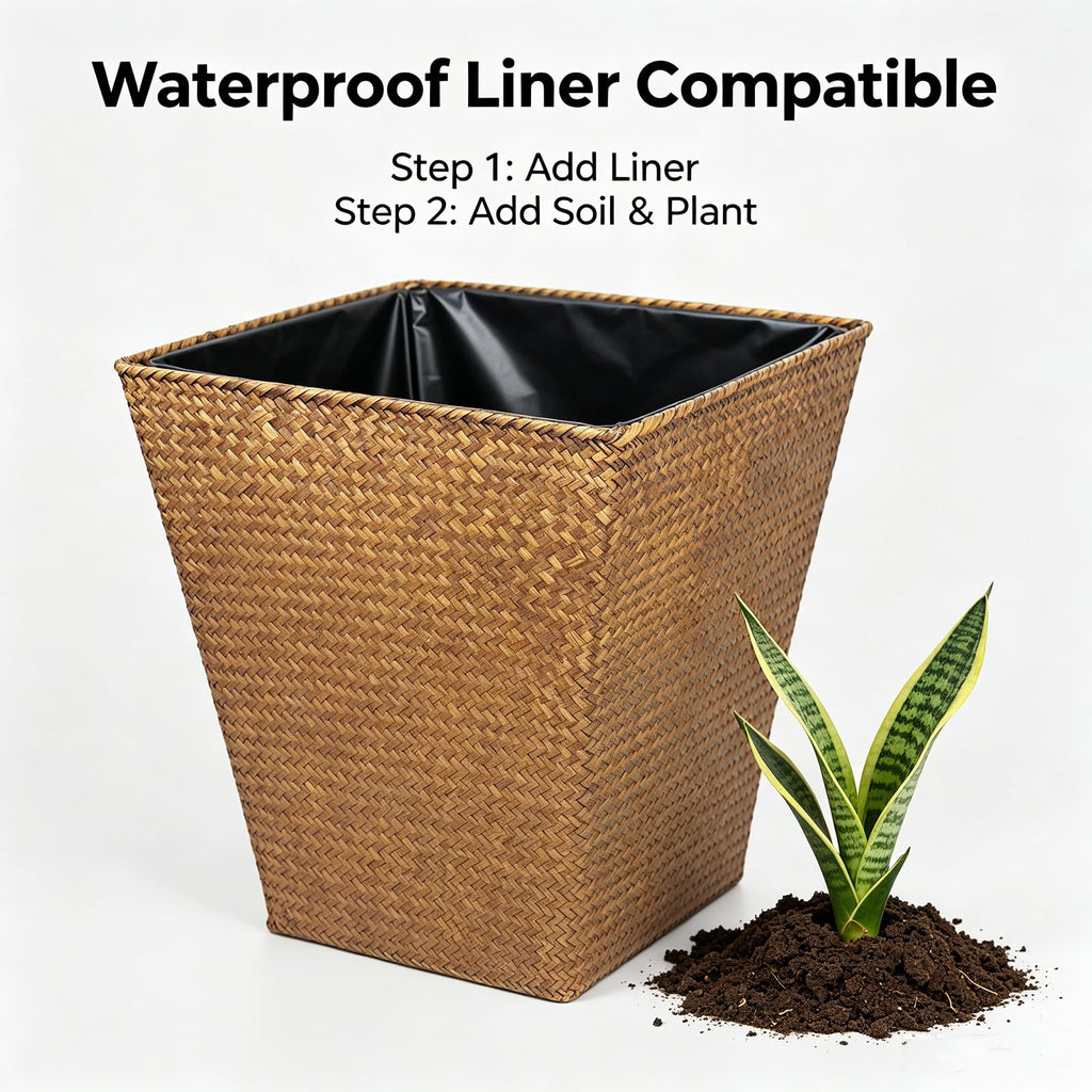 Resin Seagrass Planter 2 Pack, Large Taper Planter, Handwoven Natural Baskets for Indoor/Outdoor Pots, Decor