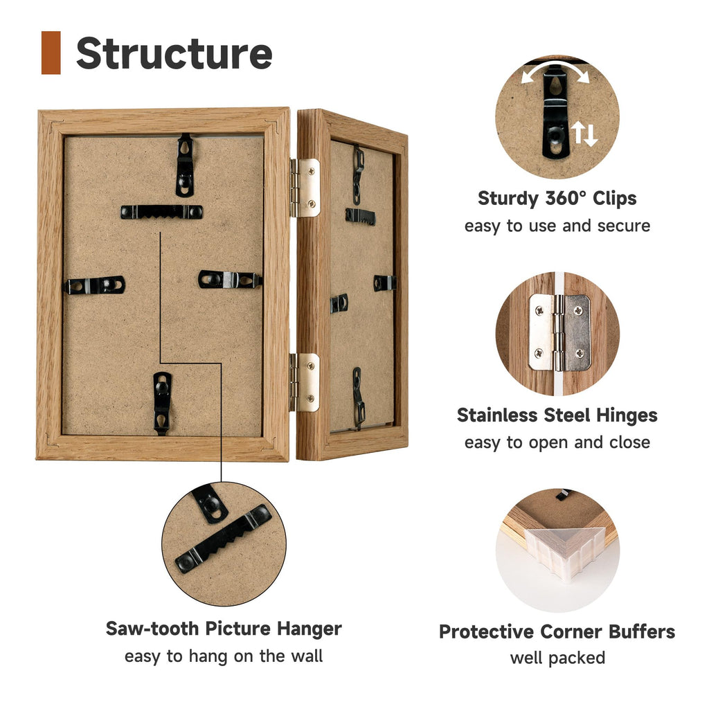 4x6 Double Picture Frame - Solid Oak Wood Vertical Hinged 4x6 Photo Frame 2 Opening Folding Family Frames Collage