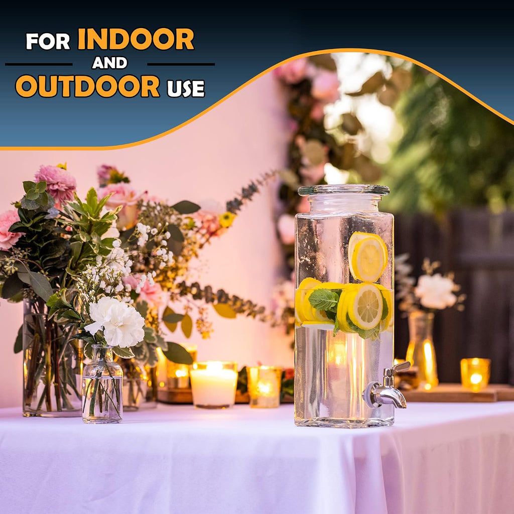 Square Glass Drink Dispenser for Parties - Stainless Steel Spigot + Marker & Label - 100% Leakproof Beverage