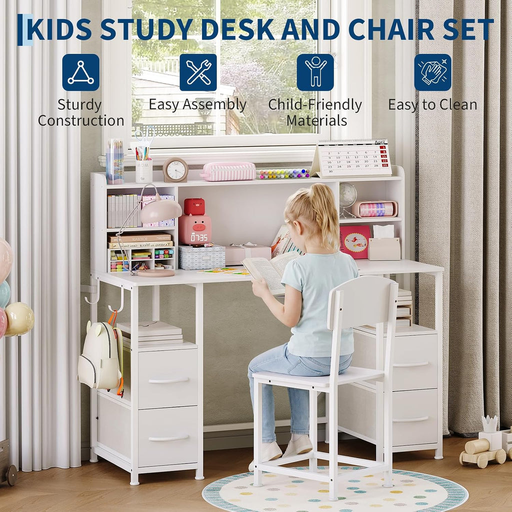 Kids Desk and Chair Set w/Hutch 4 Drawers Metal Frame Study Table, White