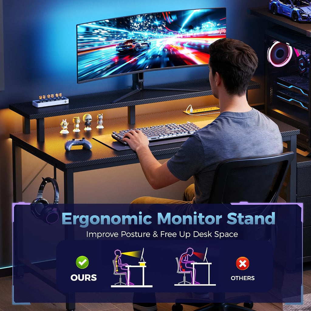 52" Reversible Gaming Desk with LED Lights Power Outlets, Black | Computer Desk with Drawers Can be Used to Store