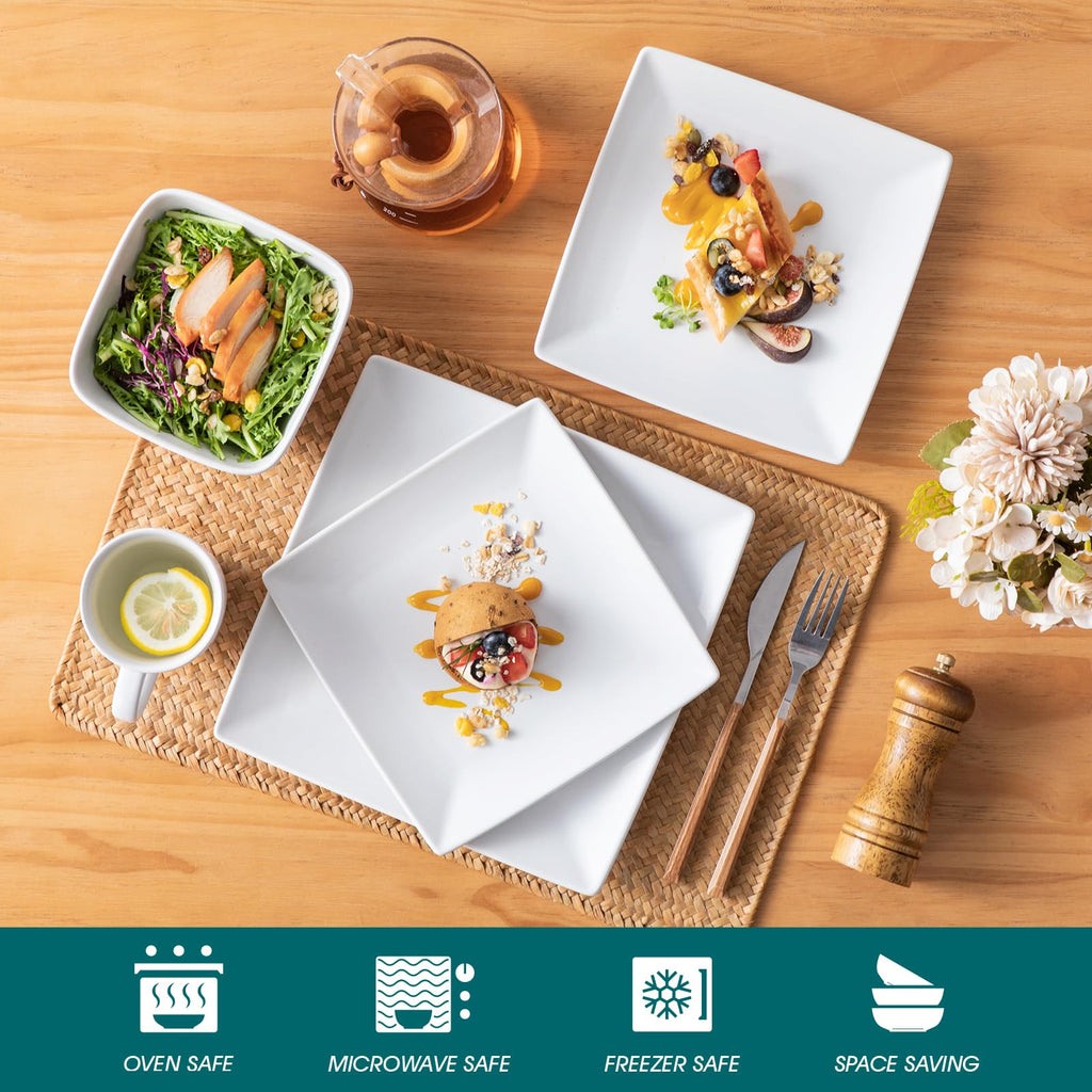 Soho Dinnerware Sets 24 Pieces, White Stoneware Square Place Setting, Dinner Plate, Dessert Plate, Cups and Plates