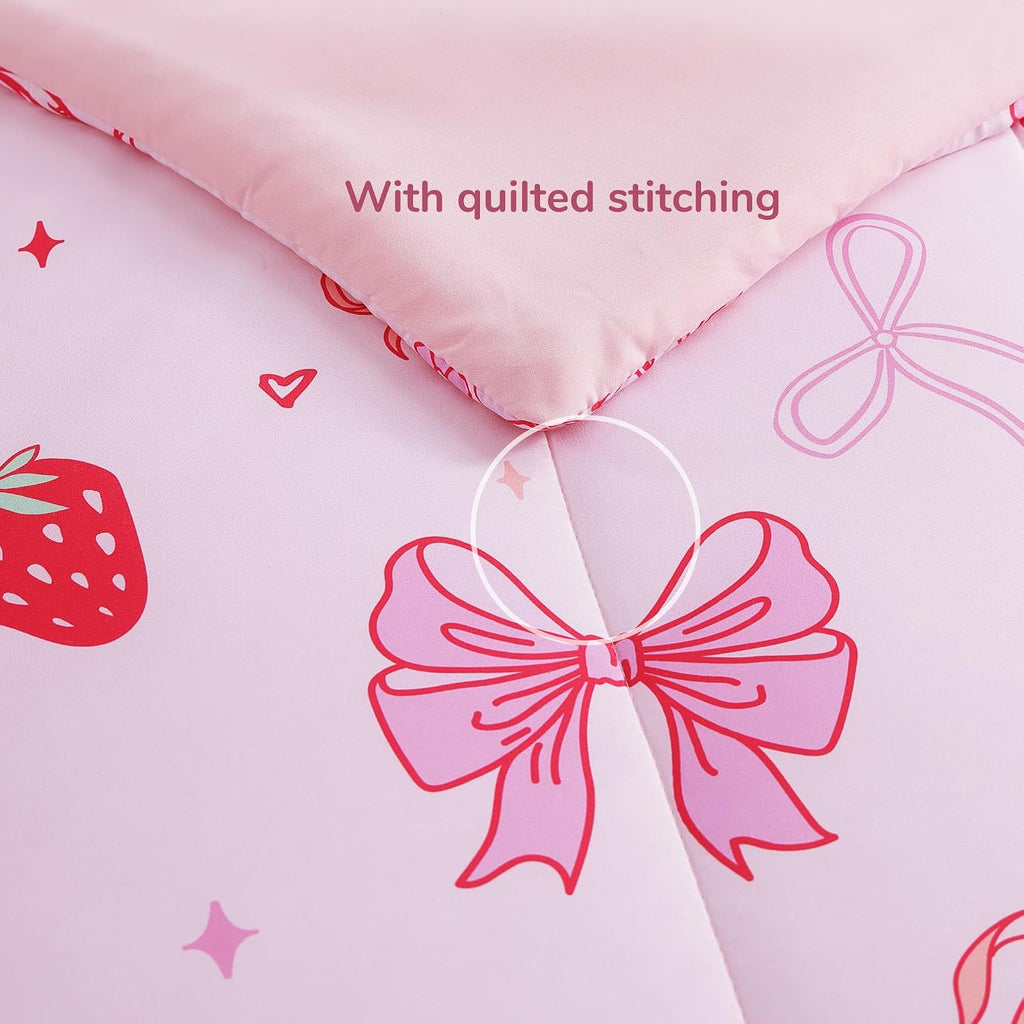 Full Comforter Set for Girls - 4 Pieces Pink Bow Full Bedding Sets for Kids, 1 Comforter, 2 Shams and 1 Decor Pillow