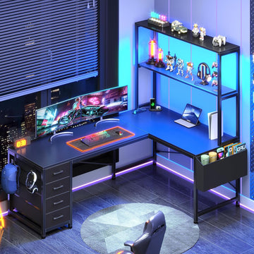 L Shaped Gaming Desk, 51.2" Reversible Small Corner Desk with 4 Drawer, Power Outlet & LED Lights, Home Office Desk