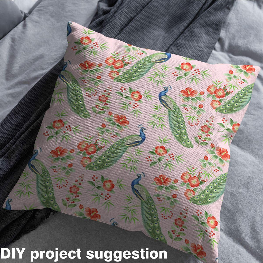 Peacock Print Soft Polyester, Green Leaves Washable Material for Handmade Supplies No Stretch Farmhouse Style Craft