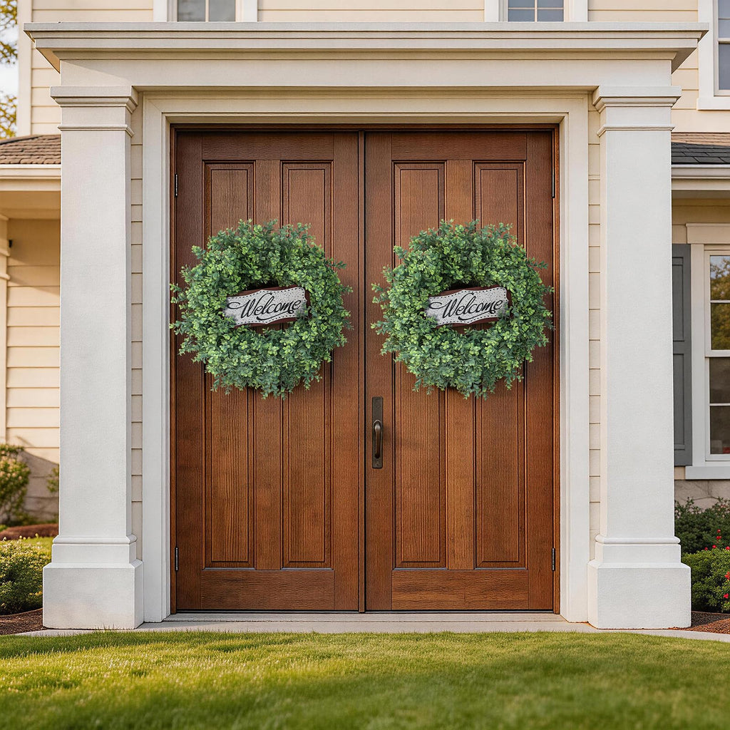 26" Artificial Boxwood Wreath with Welcome Sign for Front Door Decor(Green)